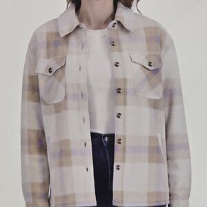 Sage Collective Womens Tan and Purple Plaid Fleece Lined Shacket Large